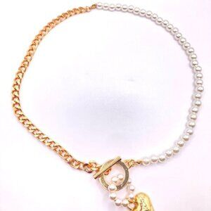 Gold curb chain faux pearl heart pendant necklace